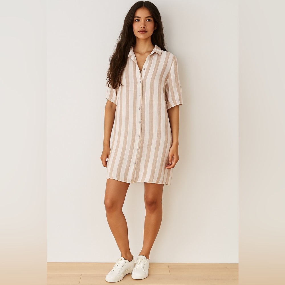 linen Striped Button-Down Shirt Dress medium